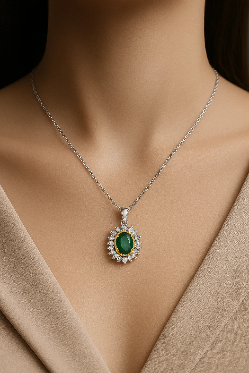 A close-up of a woman's neck and ears, showcasing elegant blue gemstone earrings and a matching pendant necklace against a neutral background.
